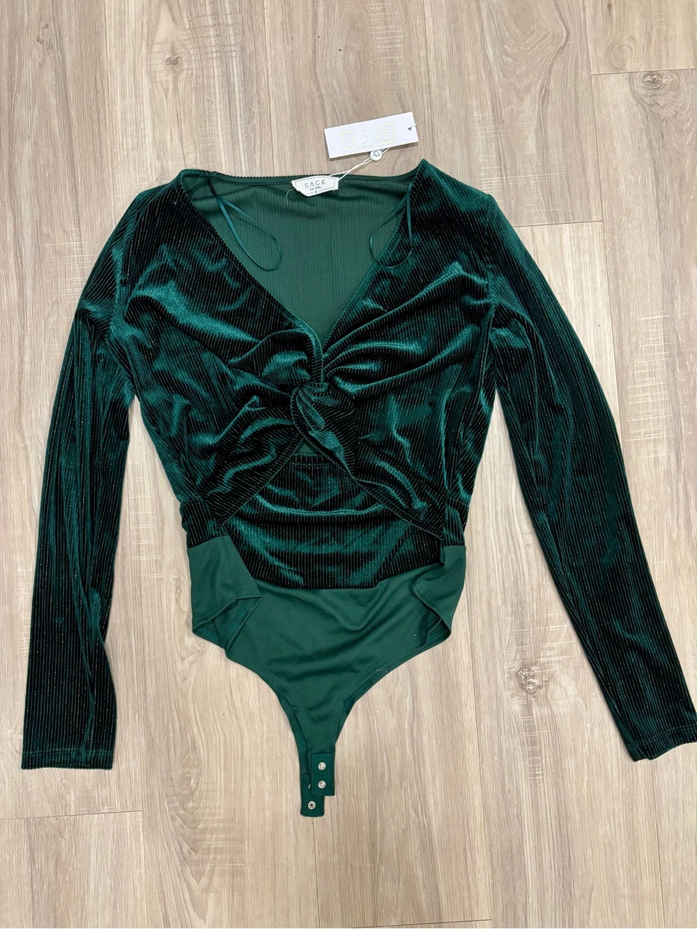 Sage Emerald Green Velvet Twist-Front Long Sleeve Bodysuit NWT
